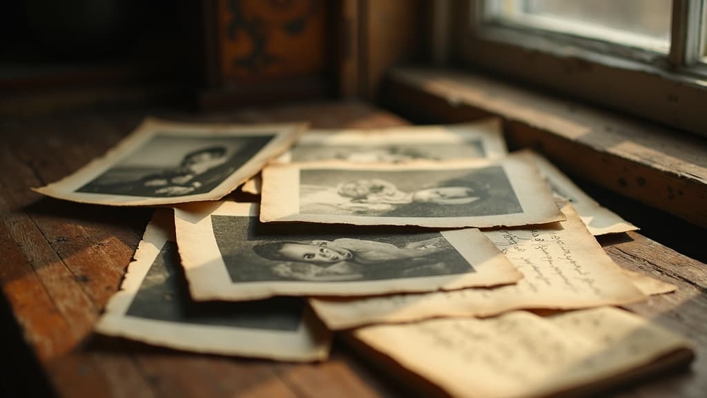 Old family photographs and handwritten letters fading with time